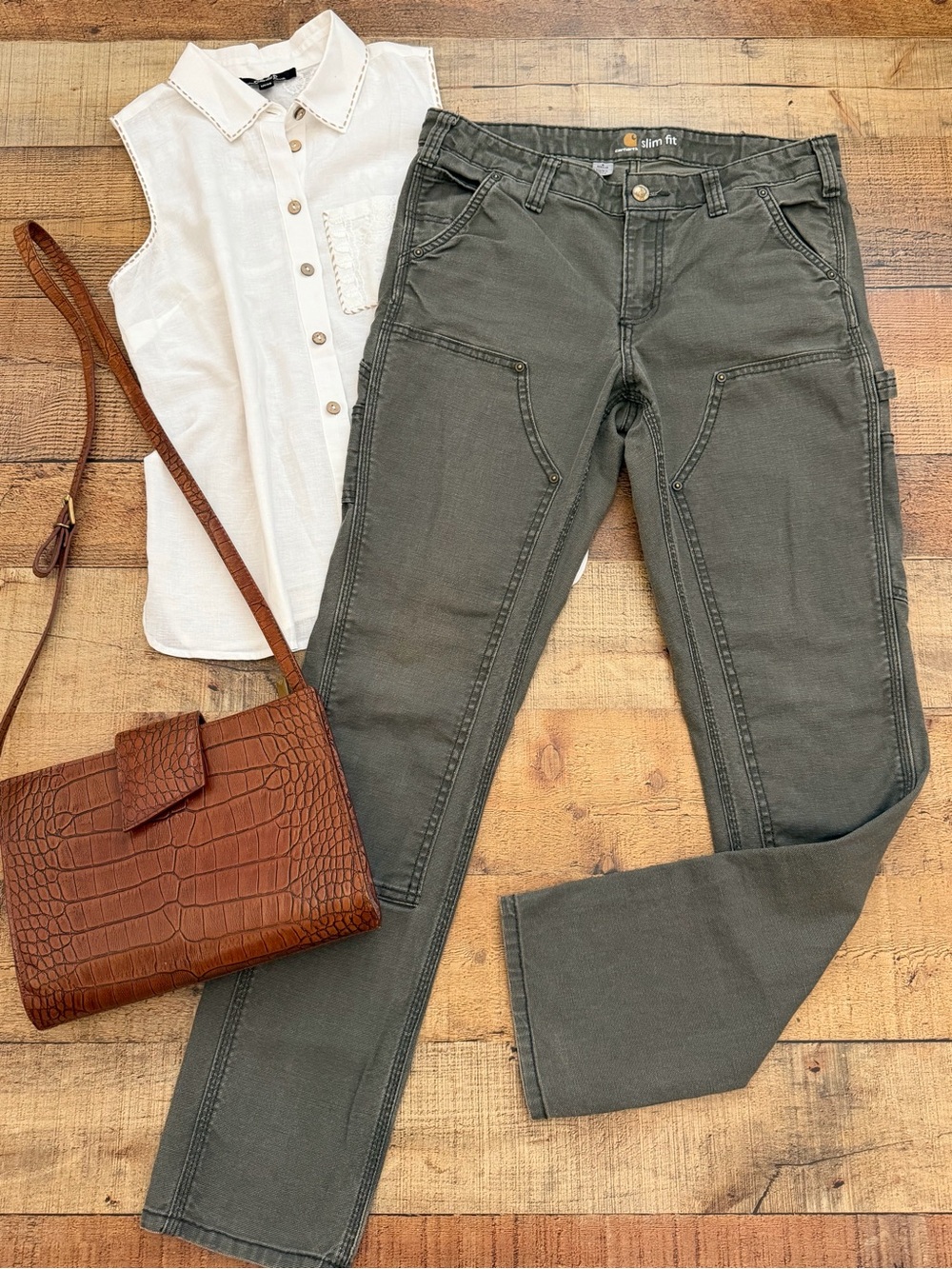 Carhartt Slim Fit Painter Utility Jeans in Olive Green Women's Stretch Comfort